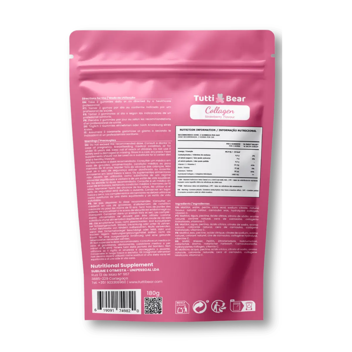 Gomas de Colagénio Tutti Bear, suplemento com colagénio hidrolisado, vitamina C, biotina e selénio, 60 gomas.