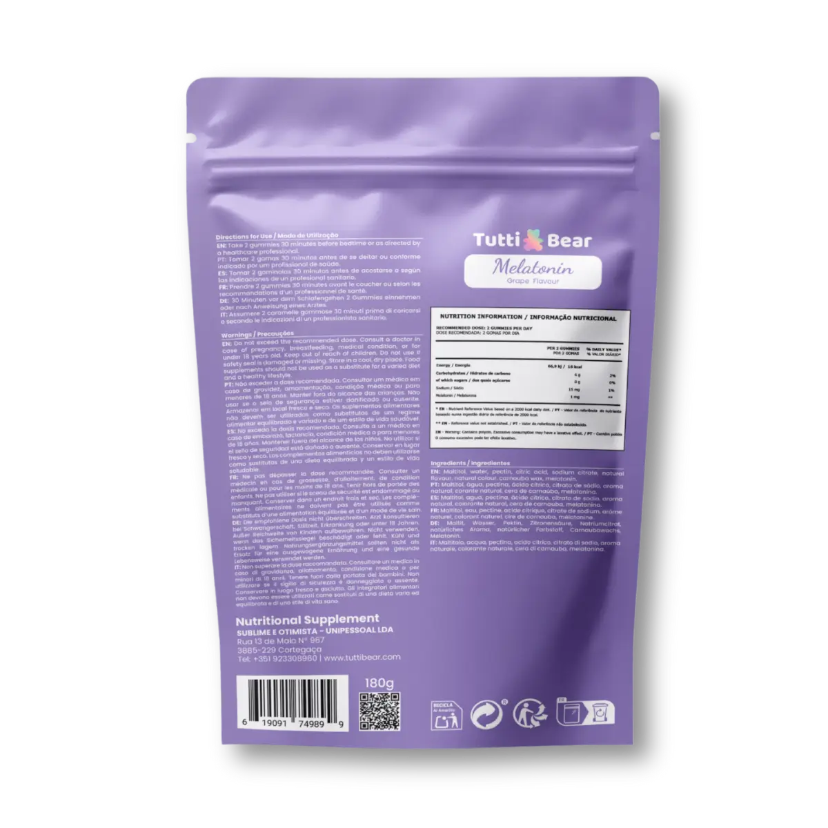 Gomas de Melatonina para Dormir TuttiBear, 60 gomas com sabor a uva