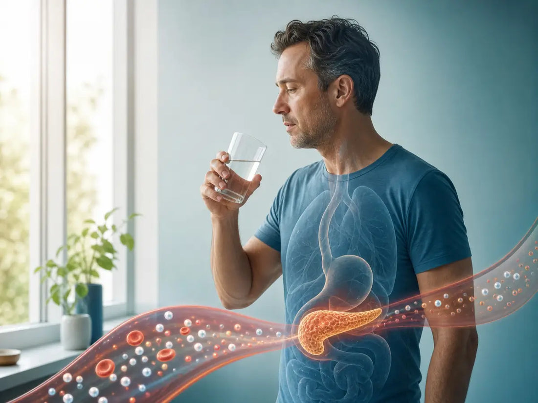Ilustração médica de pessoa com sede e pâncreas destacado, mostrando glicose elevada no sangue.