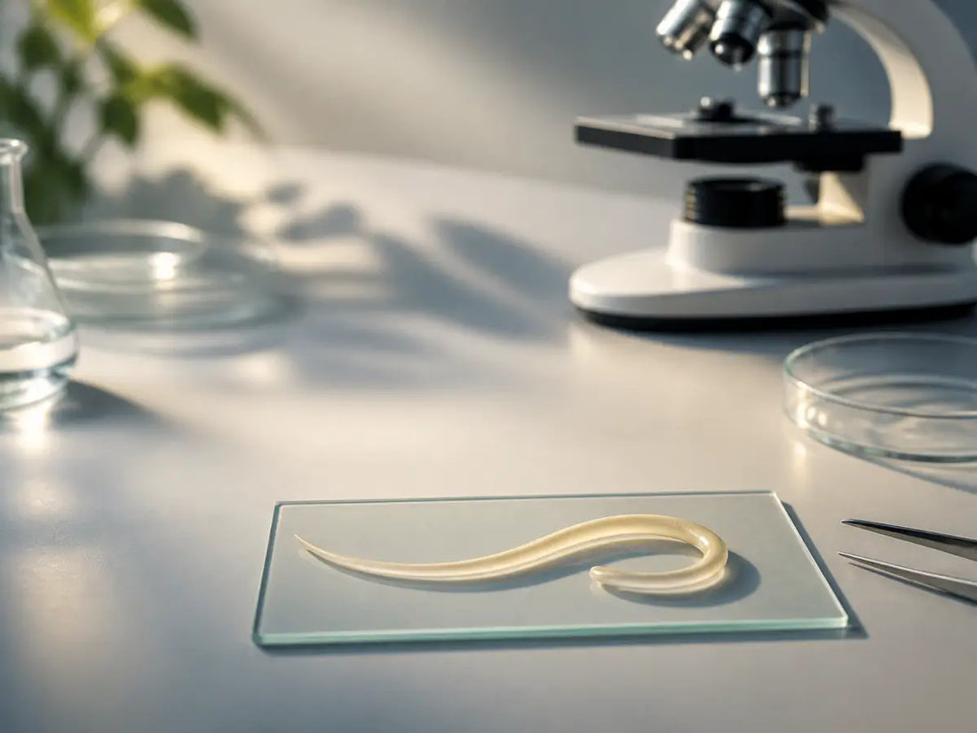 Lombriga numa lâmina de laboratório, junto a microscópio e materiais de análise, representando investigação científica rigorosa.