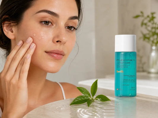 Mulher aplica loção facial leve enquanto frasco Botik com chá verde surge numa bancada, transmitindo hidratação e controlo da oleosidade.