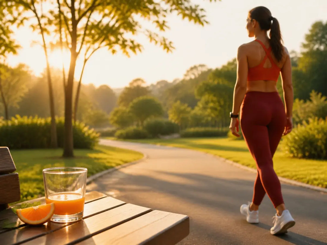 Mulher em caminhada num parque ao amanhecer, com bebida de sabor cítrico, representando apoio ao metabolismo e controlo do peso.
