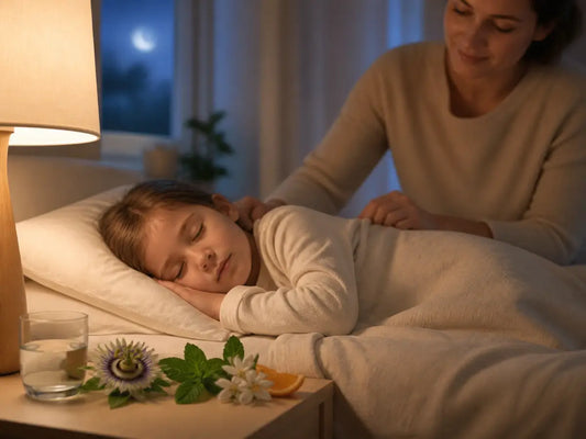 Criança a dormir tranquilamente enquanto a mãe a cobre, num quarto acolhedor com plantas e flor de laranjeira.
