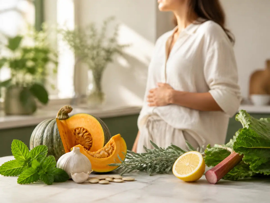 Composição botânica com sementes de abóbora, hortelã, alho e limão, evocando apoio natural ao bem-estar intestinal.