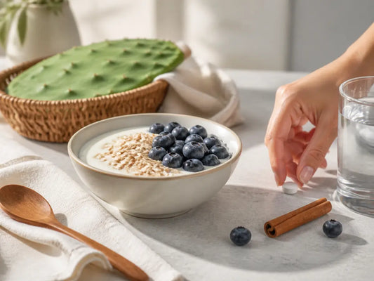 Pequeno-almoço equilibrado com mirtilos, aveia, canela, nopal, água e suplemento, representando atenção diária à glicémia.