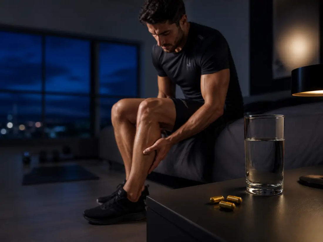 Atleta após treino num quarto noturno, com cápsulas e água, representando recuperação muscular e descanso.