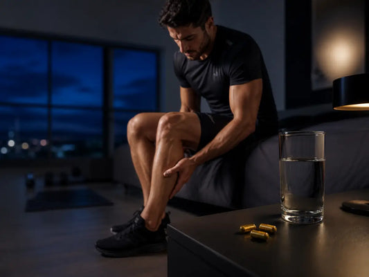 Atleta após treino num quarto noturno, com cápsulas e água, representando recuperação muscular e descanso.