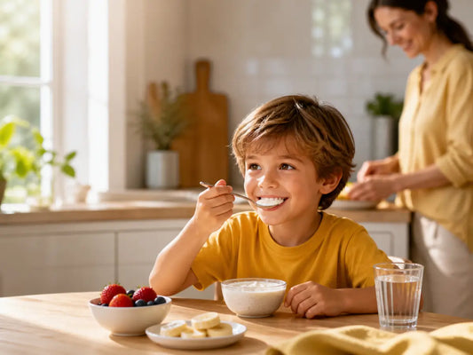 Criança a tomar pequeno-almoço saudável com a mãe, num ambiente luminoso que transmite bem-estar e equilíbrio digestivo.