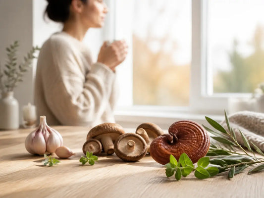 Ingredientes naturais associados ao suporte imunitário, com alho, cogumelos e ervas numa rotina acolhedora de estação fria.