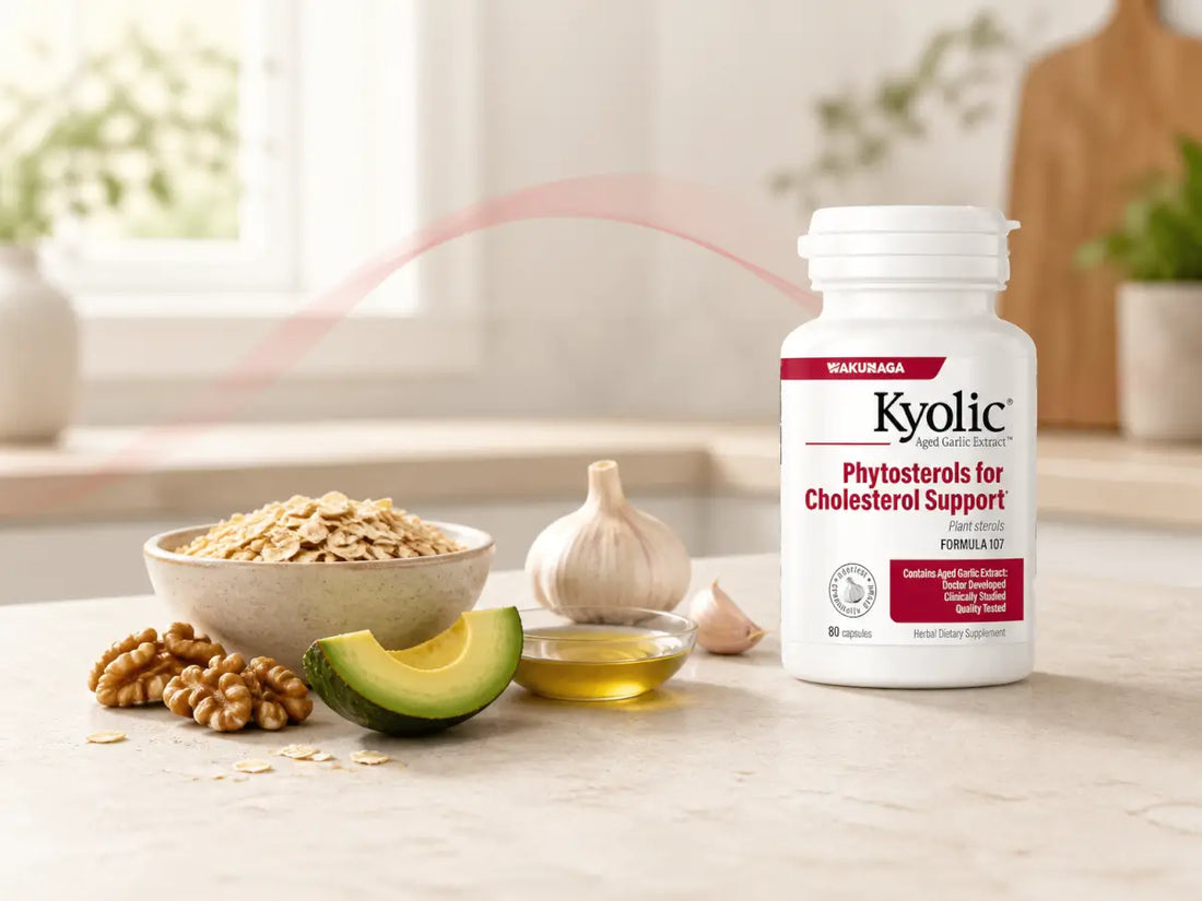 Frasco Kyolic com alho envelhecido e alimentos vegetais, num ambiente luminoso que transmite apoio ao colesterol e saúde cardiovascular.
