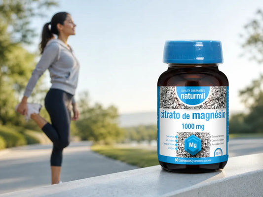 Frasco de Citrato de Magnésio Naturmil junto a uma pessoa ativa após exercício, evocando energia diária e apoio muscular.