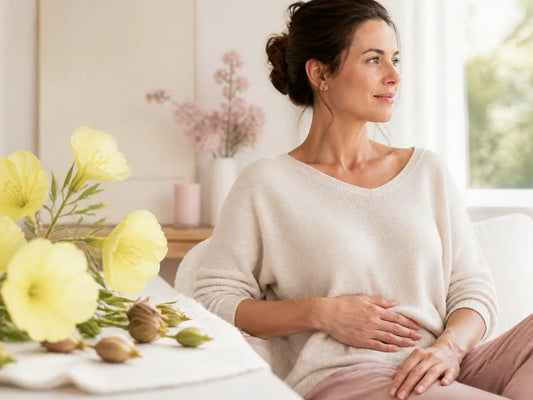 Mulher serena com mão no abdómen, junto a flores de onagra, simbolizando equilíbrio feminino, conforto menstrual e bem-estar.