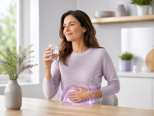 Mulher em casa bebe água e apoia o abdómen, simbolizando equilíbrio da microbiota durante tratamento com antibióticos.