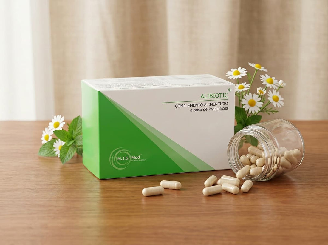Suplemento probiótico Alibiotic com cápsulas e flores naturais, utilizado para apoiar o equilíbrio intestinal, microbioma e conforto digestivo.