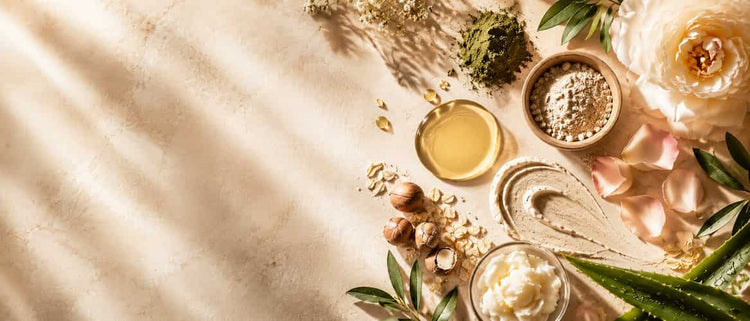 Cosmética natural com flores, aloé vera, óleos, argilas, aveia e outros ingredientes botânicos sobre fundo claro.