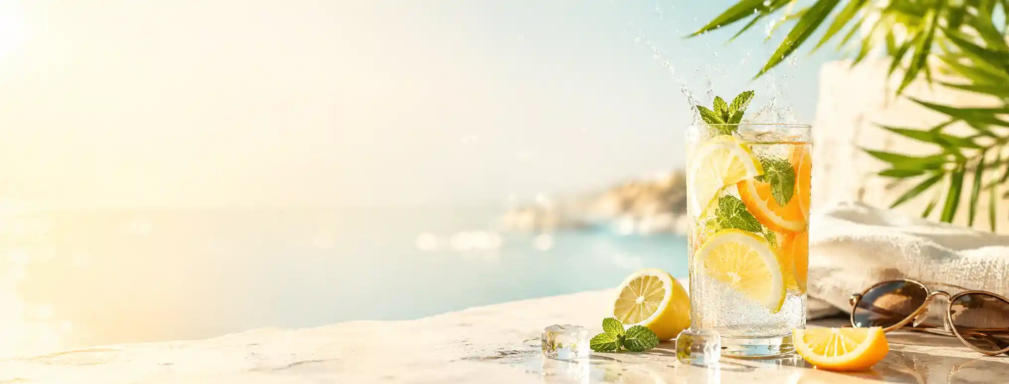 Bebida cítrica refrescante com limão, laranja, hortelã e gelo junto ao mar, com toalha e óculos de sol, evocando energia e frescura nos dias de verão.
