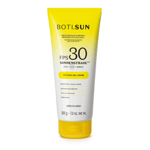 Protetor solar corporal Boti.Sun FPS 30, embalagem amarela com 200 g em destaque sobre fundo branco