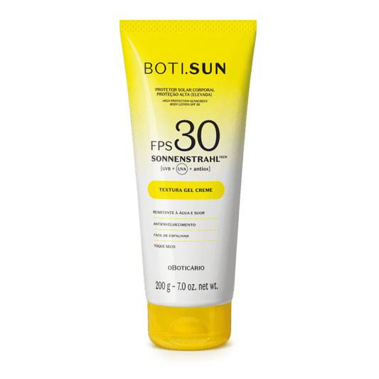 Protetor solar corporal Boti.Sun FPS 30, embalagem amarela com 200 g em destaque sobre fundo branco