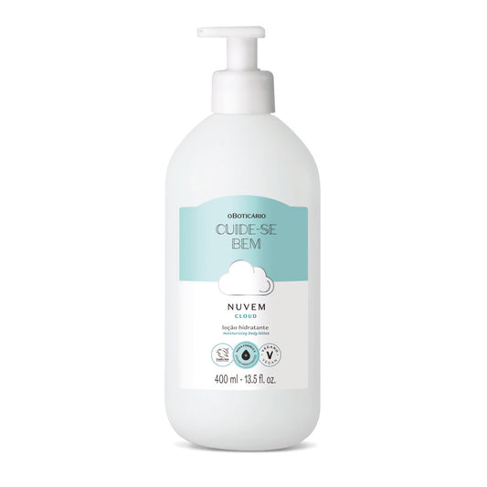 Loção Hidratante Corporal Nuvem – 400ml – Cuide-se Bem – oBoticário, frasco branco com doseador, fórmula cremosa com manteiga de karité e 96% de origem natural.