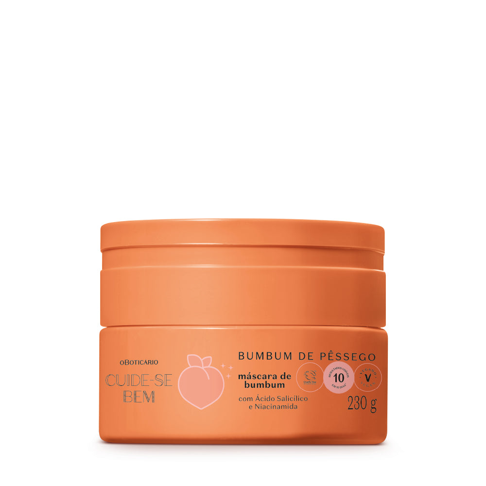 Máscara de Hidratação Bumbum de Pêssego – 230g – Cuide-se Bem – oBoticário, boião coral com tampa laranja, fórmula cremosa com niacinamida e ácido salicílico para pele macia e uniforme.