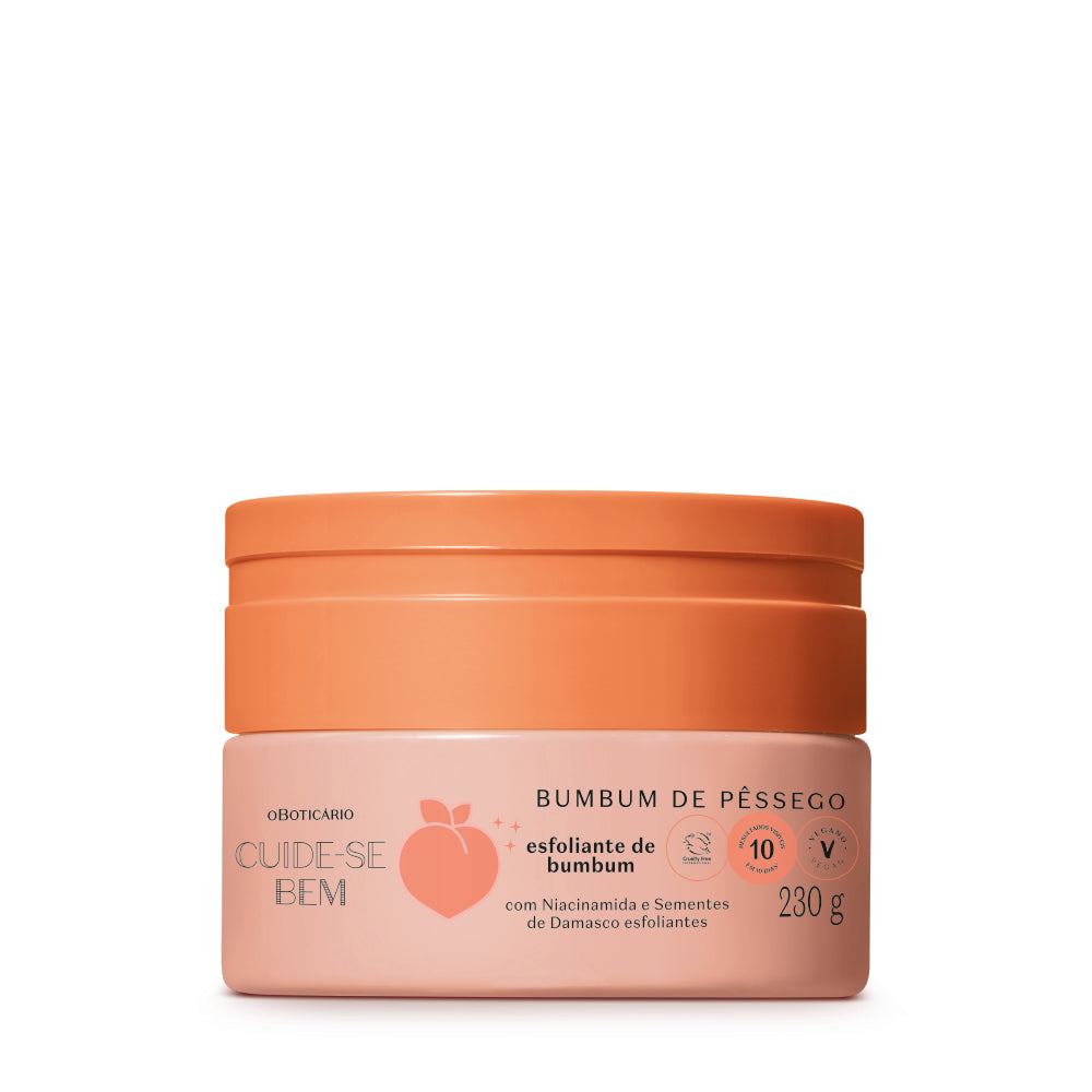 Creme Esfoliante Bumbum de Pêssego – 230g – Cuide-se Bem – oBoticário, boião coral com tampa laranja, fórmula com niacinamida e sementes de damasco esfoliantes.