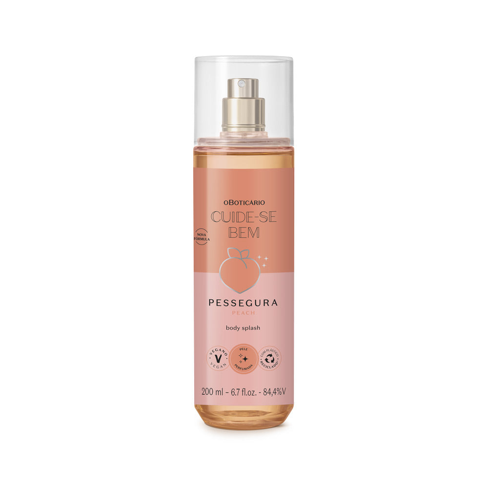 Body Splash Pessegura – 200ml – Cuide-se Bem – oBoticário, fragrância doce e aveludada de pêssego em frasco spray vegan com 90% de ingredientes naturais.