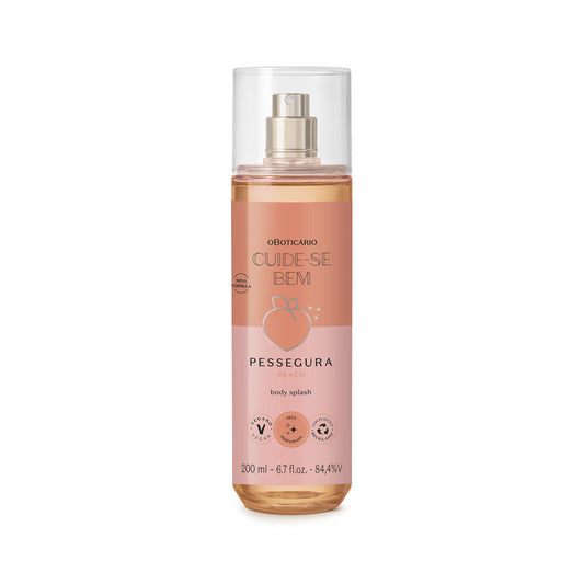 Body Splash Pessegura – 200ml – Cuide-se Bem – oBoticário, fragrância doce e aveludada de pêssego em frasco spray vegan com 90% de ingredientes naturais.