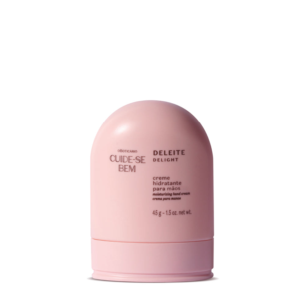 Creme Hidratante para Mãos Deleite – 50g – Cuide-se Bem – oBoticário, bisnaga rosa compacta com textura cremosa e fragrância gourmand de leite de aveia.