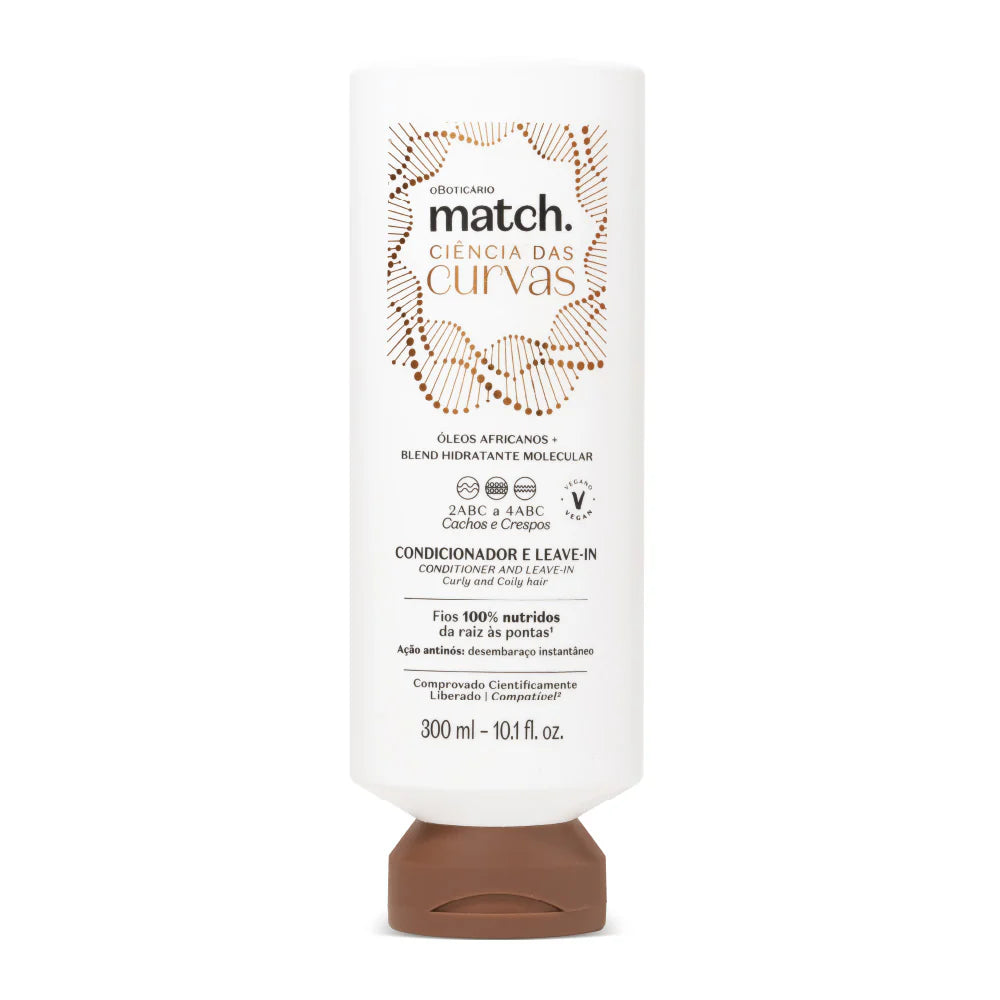 Condicionador e Leave-In Match Ciência das Curvas 2 em 1 300ml para cabelos ondulados, cacheados e crespos.