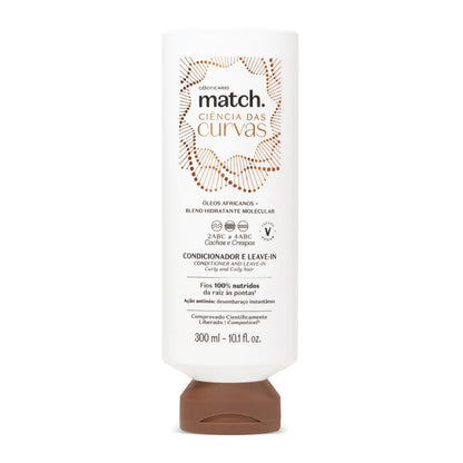 Condicionador e Leave-In Match Ciência das Curvas 2 em 1 300ml para cabelos ondulados, cacheados e crespos.