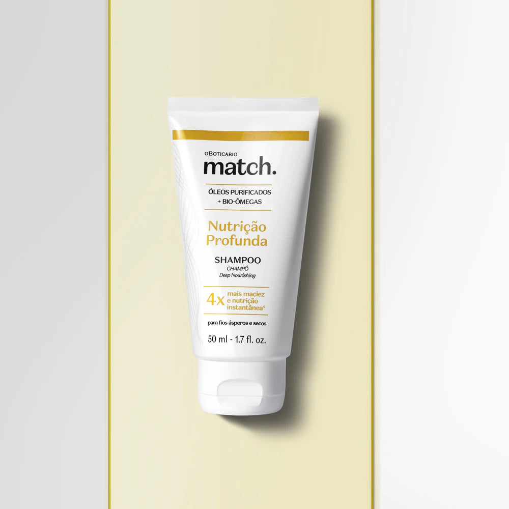 Shampoo nutritivo Match Nutrição Profunda em formato viagem 50ml para cabelo seco