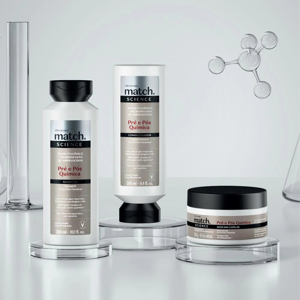 Linha Match Science Pré e Pós-Química com shampoo, condicionador e máscara capilar