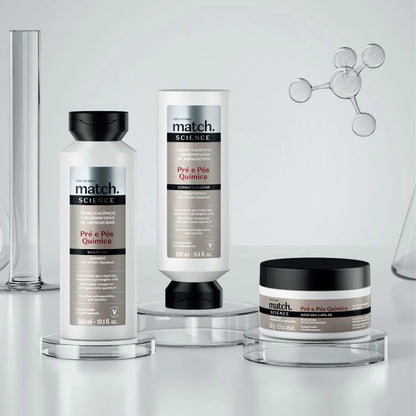 Linha Match Science Pré e Pós-Química com shampoo, condicionador e máscara capilar