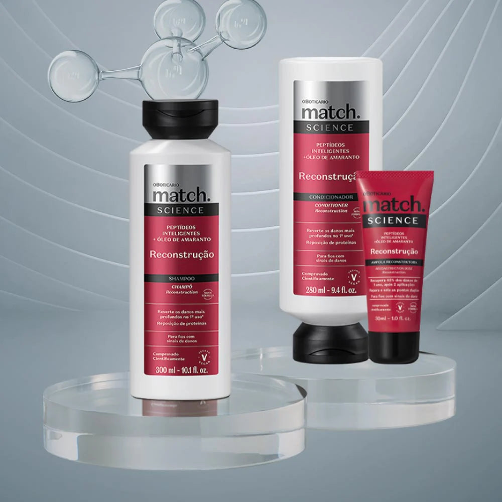 Linha Match Science Reconstrução com shampoo, condicionador e ampola reconstrutora