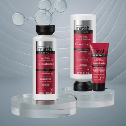 Linha Match Science Reconstrução com shampoo, condicionador e ampola reconstrutora