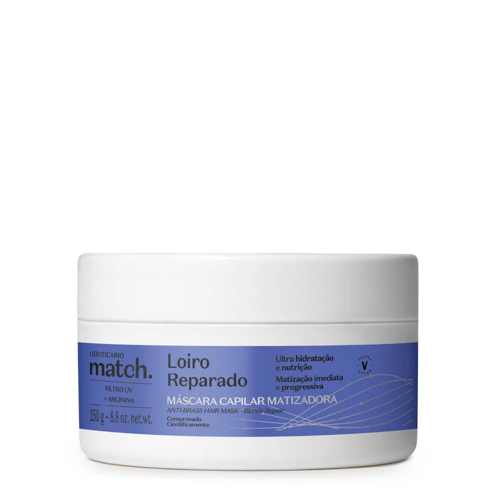 Máscara Capilar Matizadora Match Loiro Reparado 250g para cabelos loiros, descolorados e grisalhos.