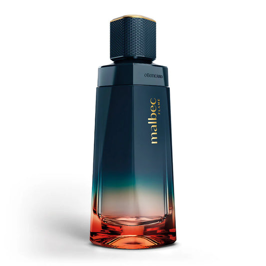 Frasco de Malbec Flame Eau de Toilette Masculino oBoticário em fundo branco, vista frontal da embalagem.