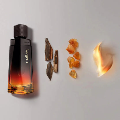 Malbec X perfume masculino com ingredientes e notas olfativas em composição minimalista