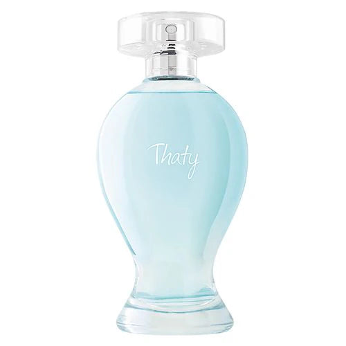Frasco de perfume Thaty feminino oBoticário detalhe vidro azul e design clássico