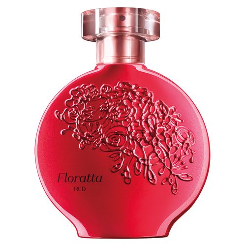 Frasco do perfume Floratta Red 75ml do Boticário, em vidro vermelho com detalhe floral em relevo e tampa transparente.