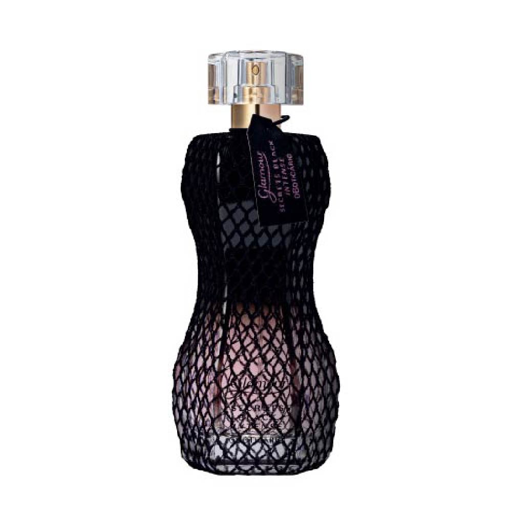 Frasco do perfume Glamour Secrets Black Intense 75ml do Boticário, em vidro rosado com rede preta e tampa transparente.