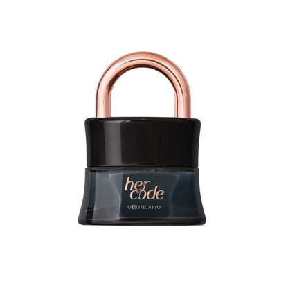 Frasco do perfume Her Code 50ml do Boticário, em formato de cadeado preto com detalhe metálico rose gold, fotografado isolado