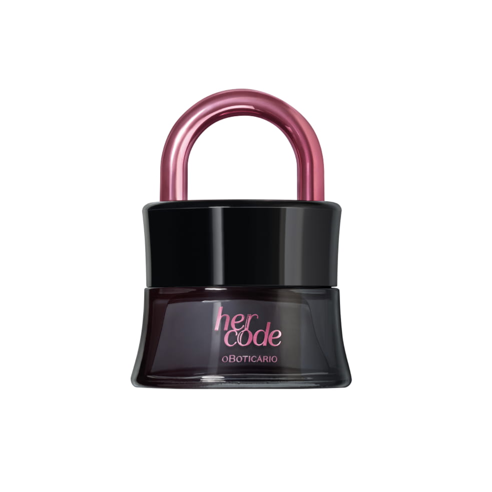 Perfume Her Code Touch 50ml do Boticário, frasco em formato de cadeado preto com arco rosa metálico, isolado em fundo branco.