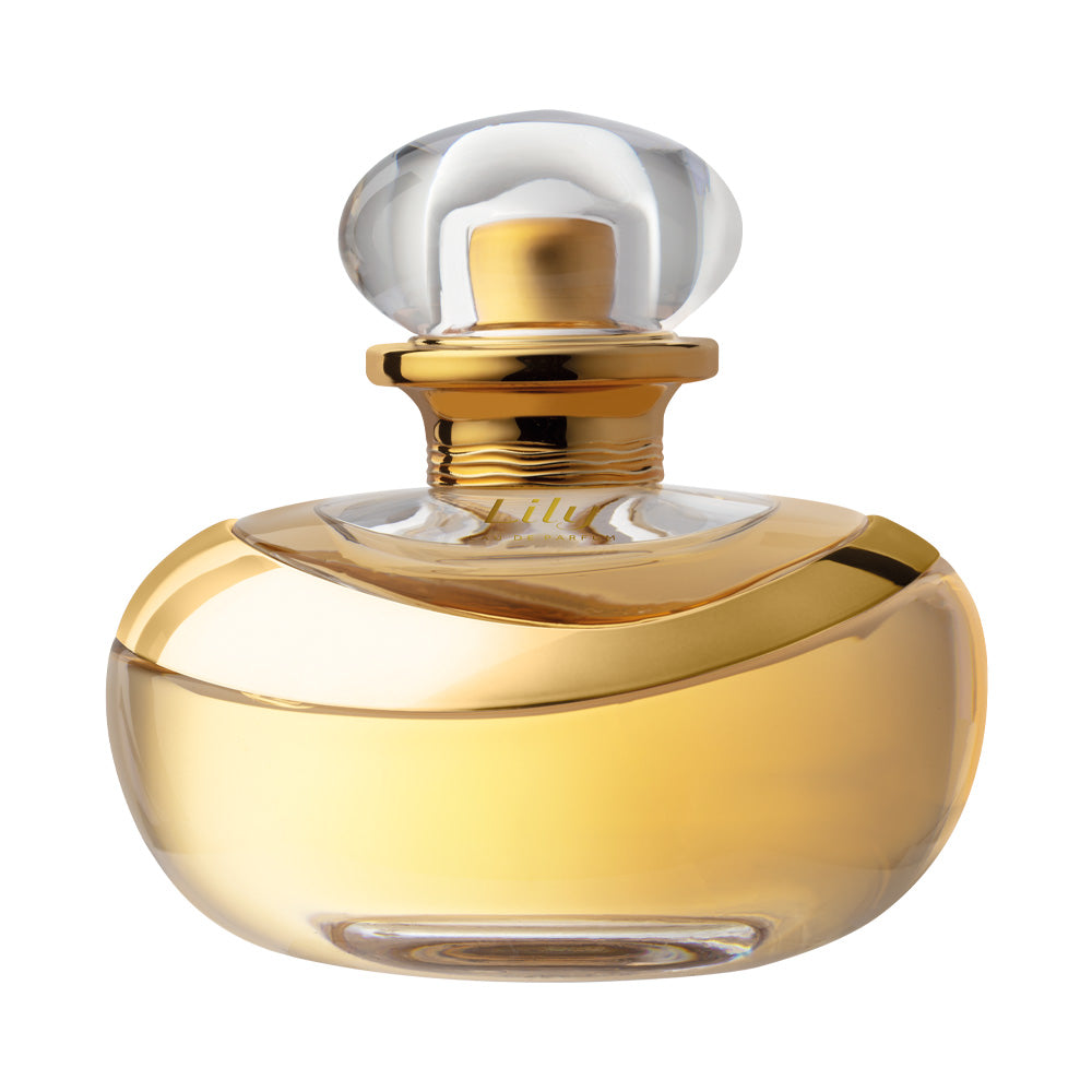 Frasco do perfume Lily 75ml do Boticário, dourado e arredondado, com tampa transparente, fotografado isolado em fundo branco.