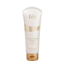 Esfoliante Hidratante Acetinado Lily 200 g – embalagem branca com detalhes dourados e tampa dourada, d’O Boticário.