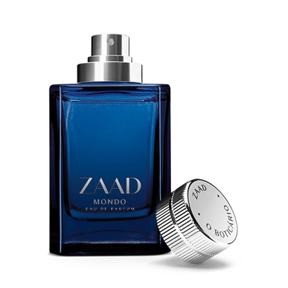 Perfume Zaad Mondo aberto com tampa e vaporizador visível