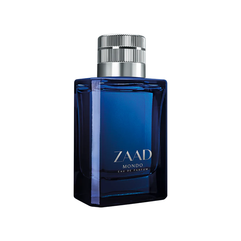Frasco de perfume Zaad Mondo azul com tampa metálica detalhe frontal