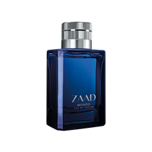 Frasco de perfume Zaad Mondo azul com tampa metálica detalhe frontal