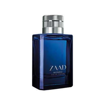 Frasco de perfume Zaad Mondo azul com tampa metálica detalhe frontal