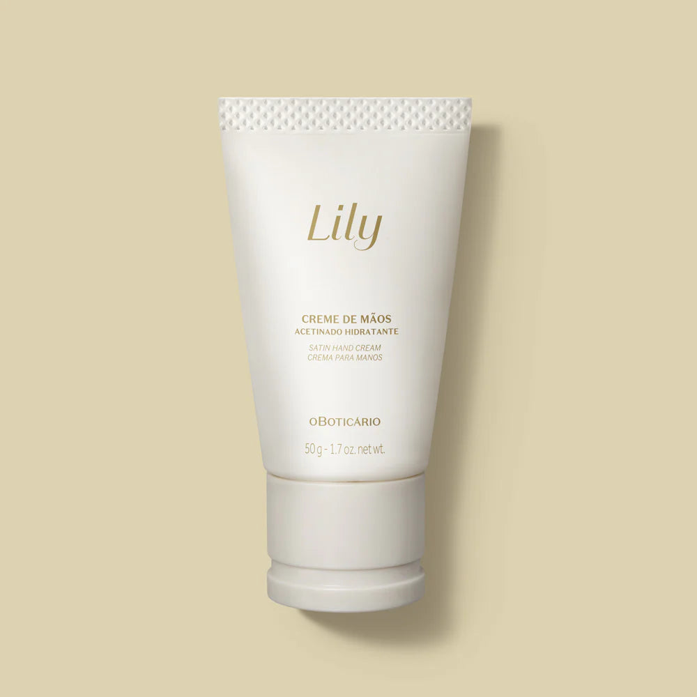 Textura e embalagem do creme de mãos Lily com acabamento acetinado